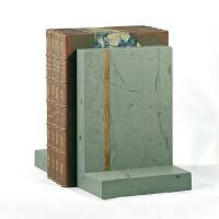 Green slate bookends with teak inlay